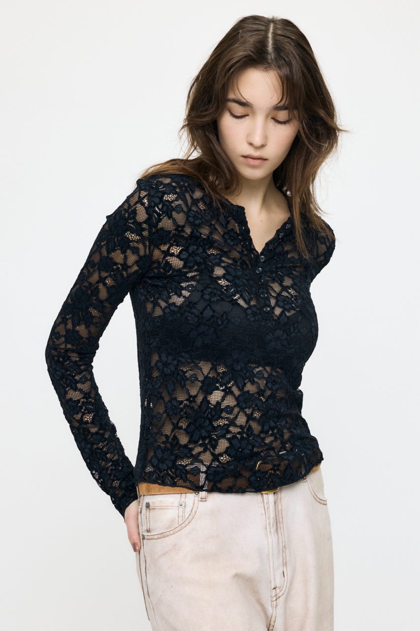 LACE HENRY NECK トップス BLK FREE