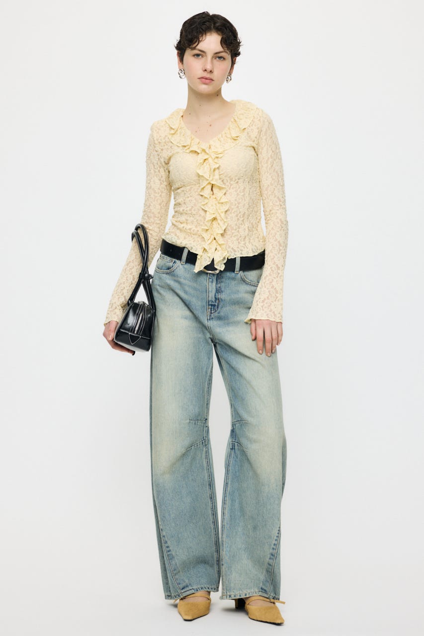 LACE RUFFLE トップス L/YEL FREE