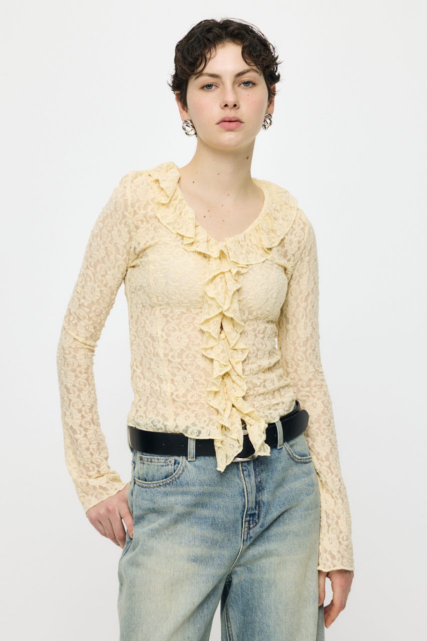 LACE RUFFLE トップス L/YEL FREE
