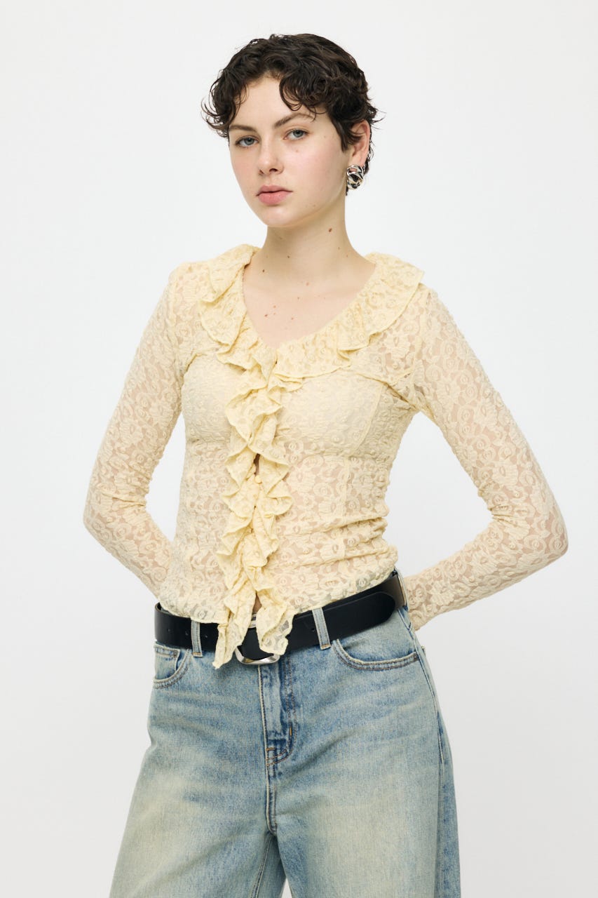 LACE RUFFLE トップス L/YEL FREE
