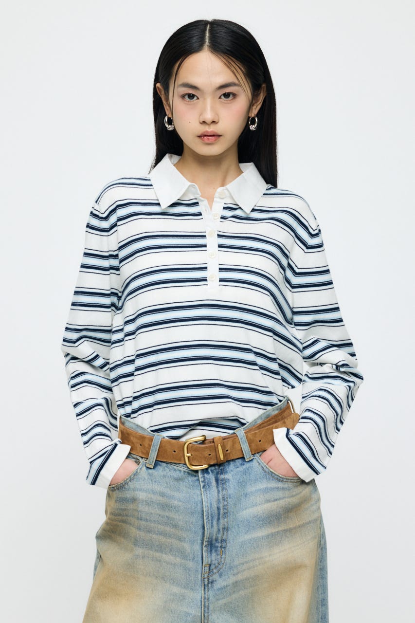 BORDER POLO KNIT TEE WHT FREE