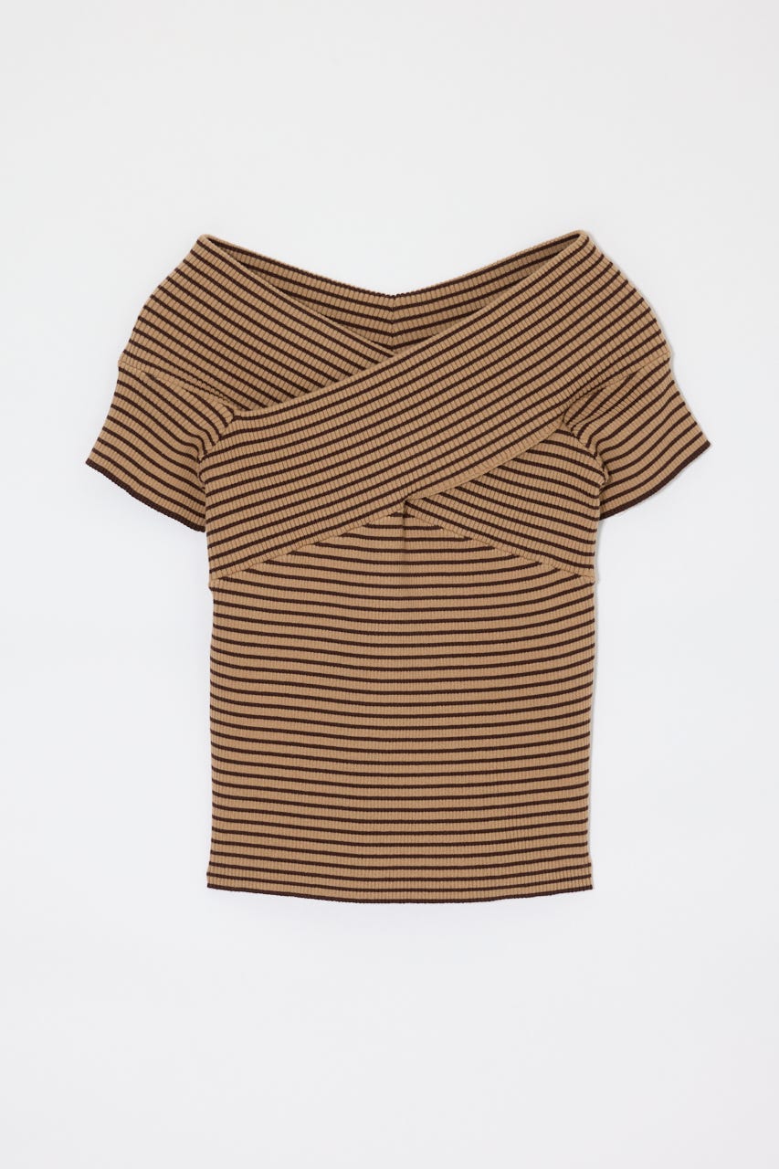 CROSS OFF SHOULDER トップス 柄BEG FREE