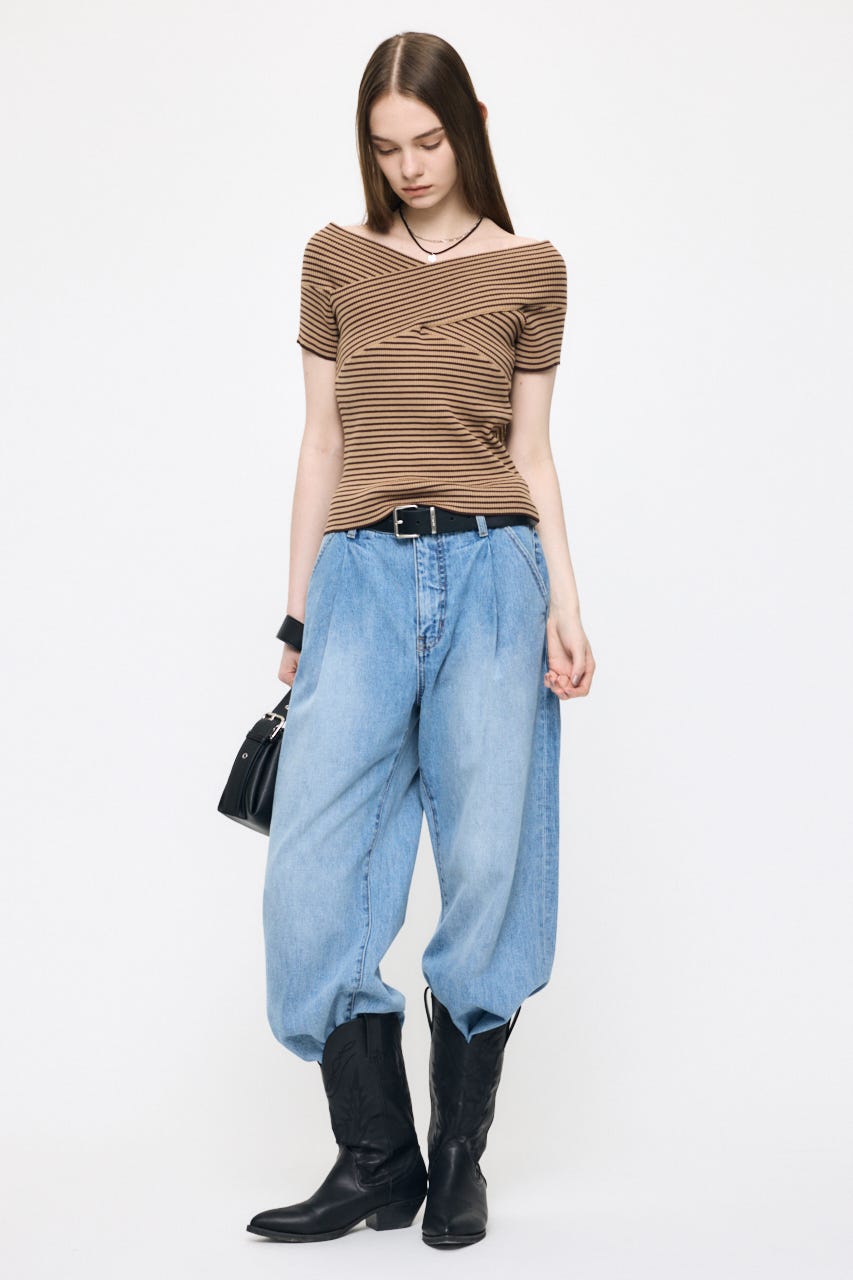 CROSS OFF SHOULDER トップス 柄BEG FREE