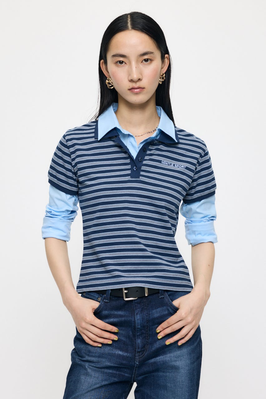 SHIRT SLEEVE STRIPED POLO Tシャツ 柄BLU FREE
