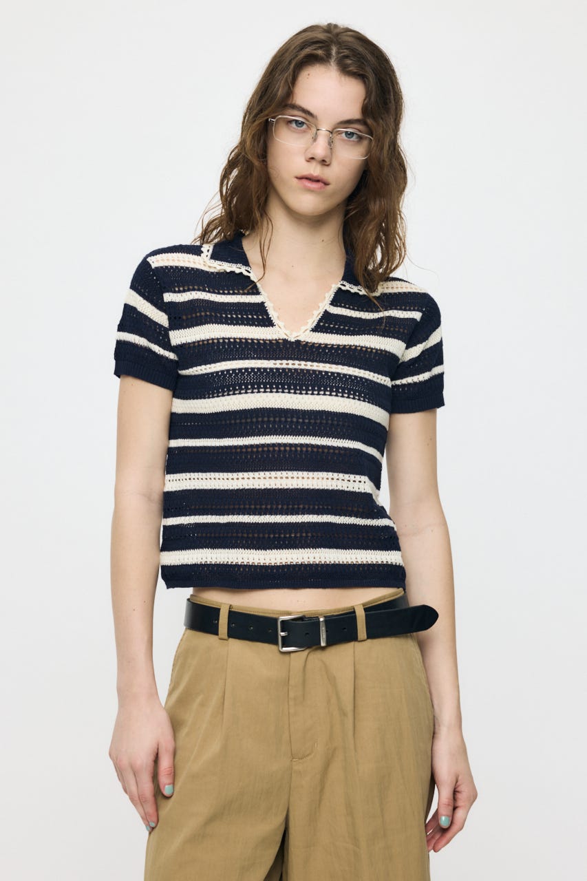 CROCHET LIKE POLO トップス 柄NVY FREE