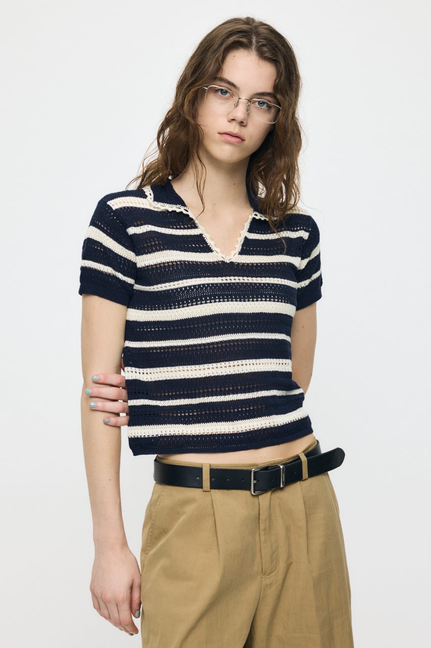 CROCHET LIKE POLO トップス 柄NVY FREE