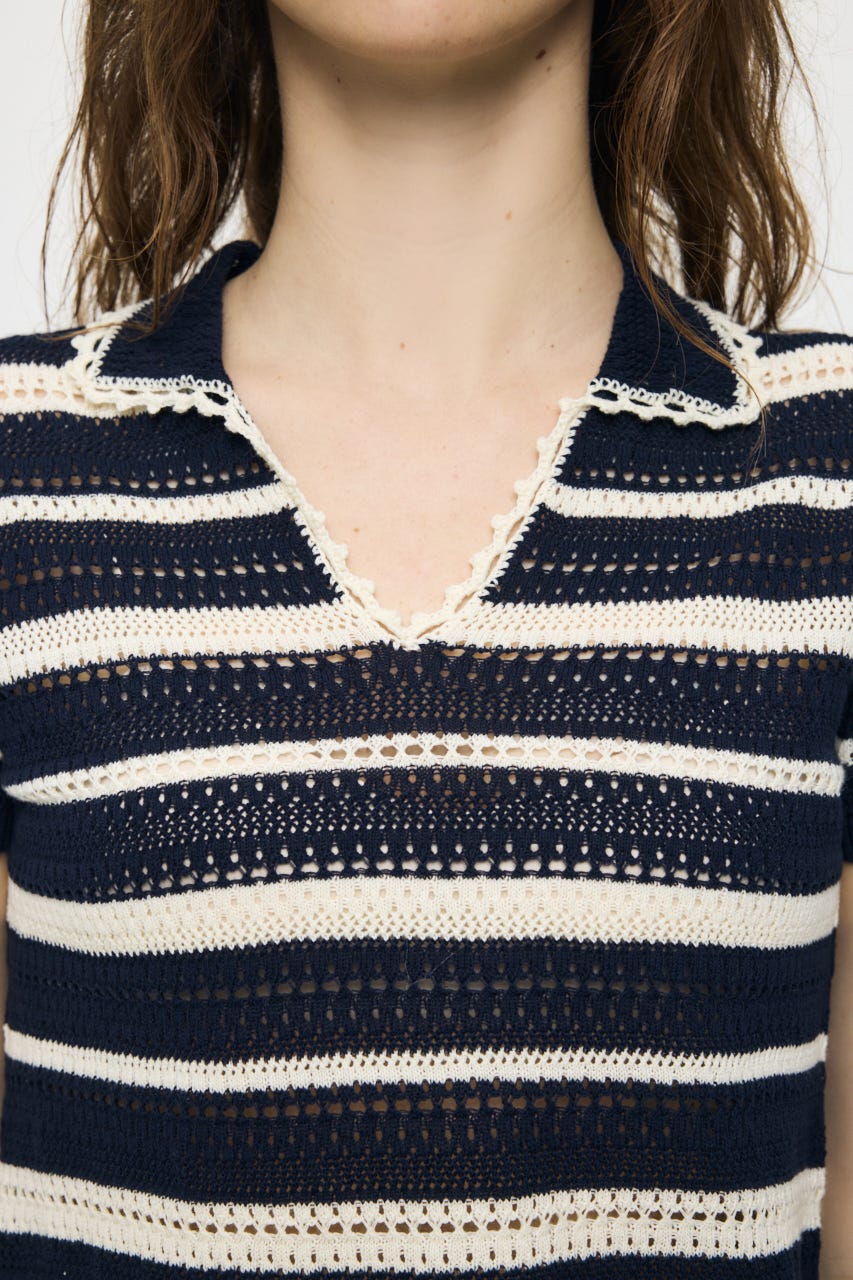 CROCHET LIKE POLO トップス 柄NVY FREE