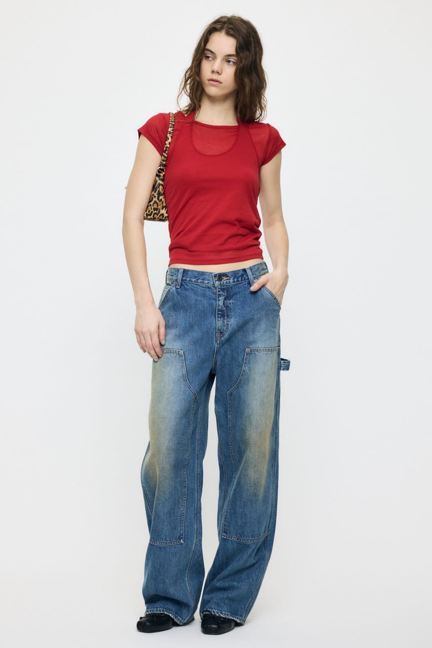 SHEER DOUBLE LAYERED トップス RED FREE