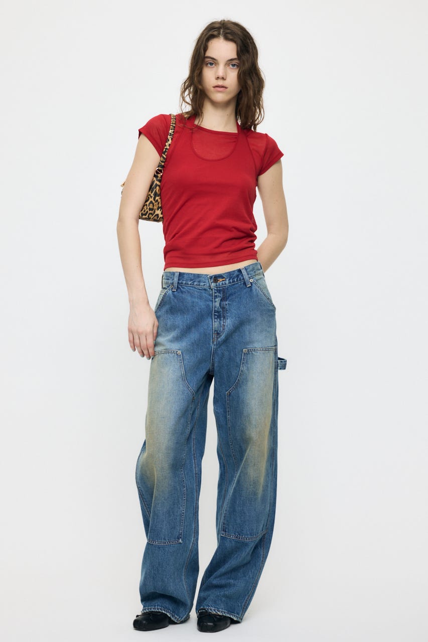 SHEER DOUBLE LAYERED トップス RED FREE