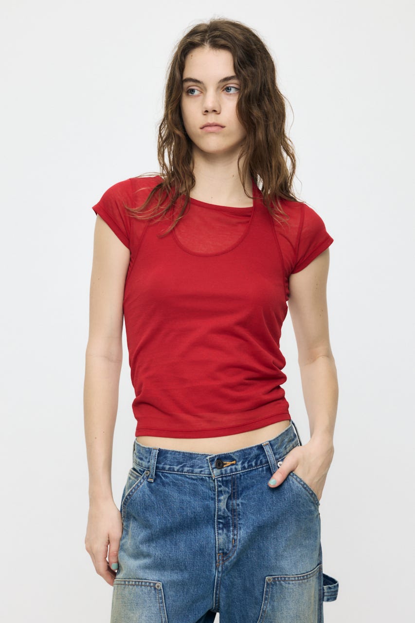 SHEER DOUBLE LAYERED トップス RED FREE