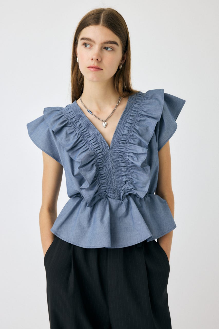 SHIRRING RUFFLE PEPLUM トップス BLU FREE