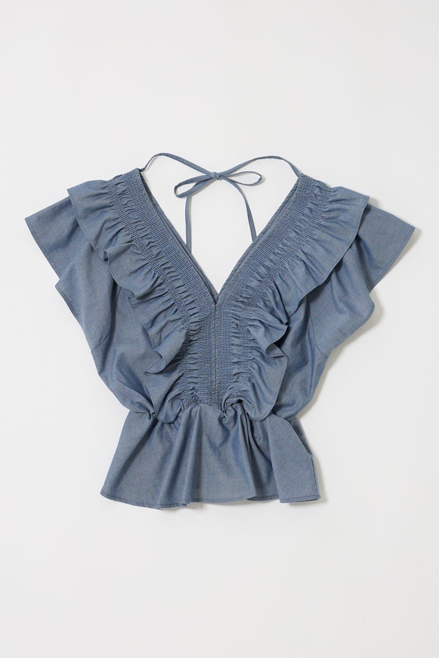 SHIRRING RUFFLE PEPLUM トップス BLU FREE