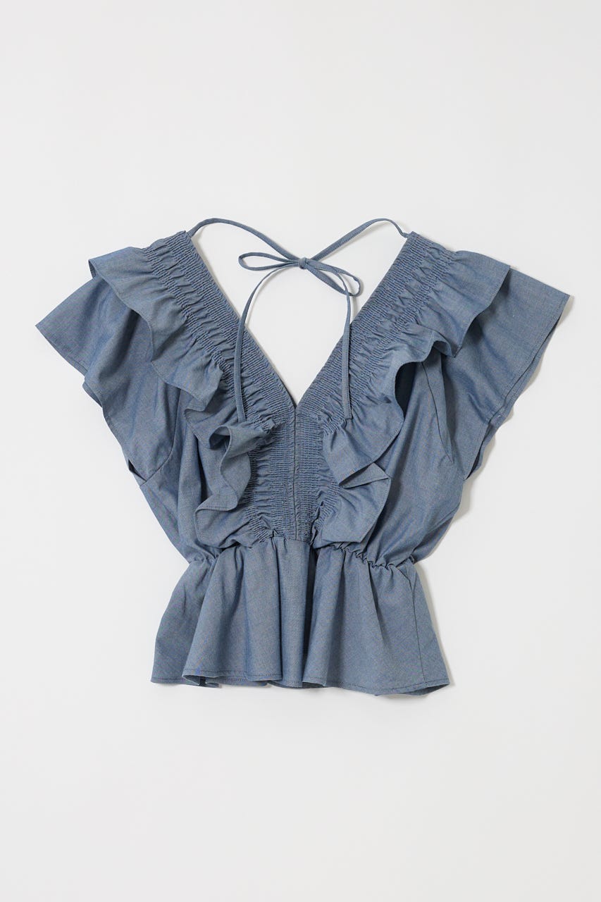 SHIRRING RUFFLE PEPLUM トップス BLU FREE