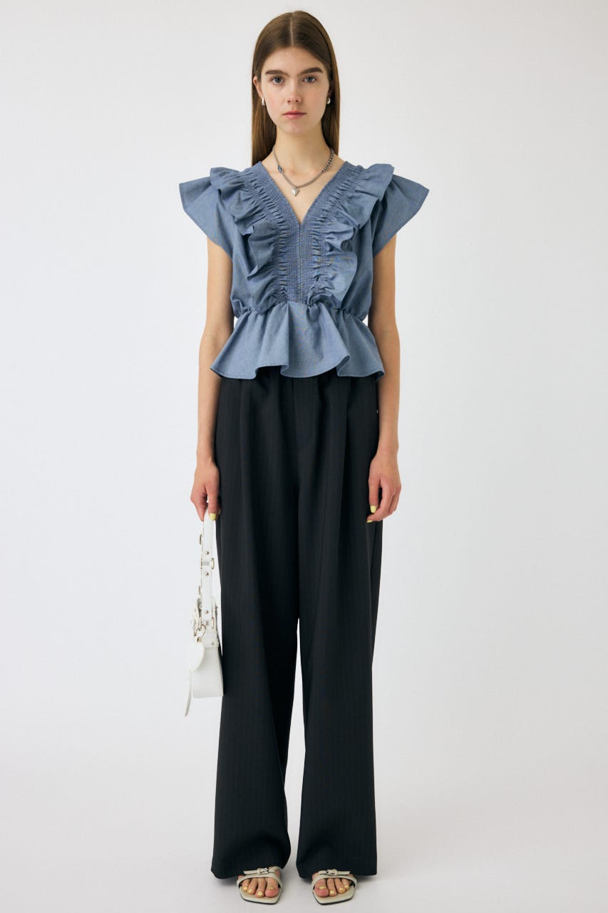 SHIRRING RUFFLE PEPLUM トップス BLU FREE