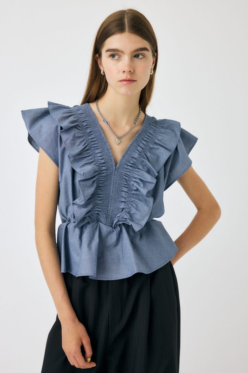 SHIRRING RUFFLE PEPLUM トップス BLU FREE