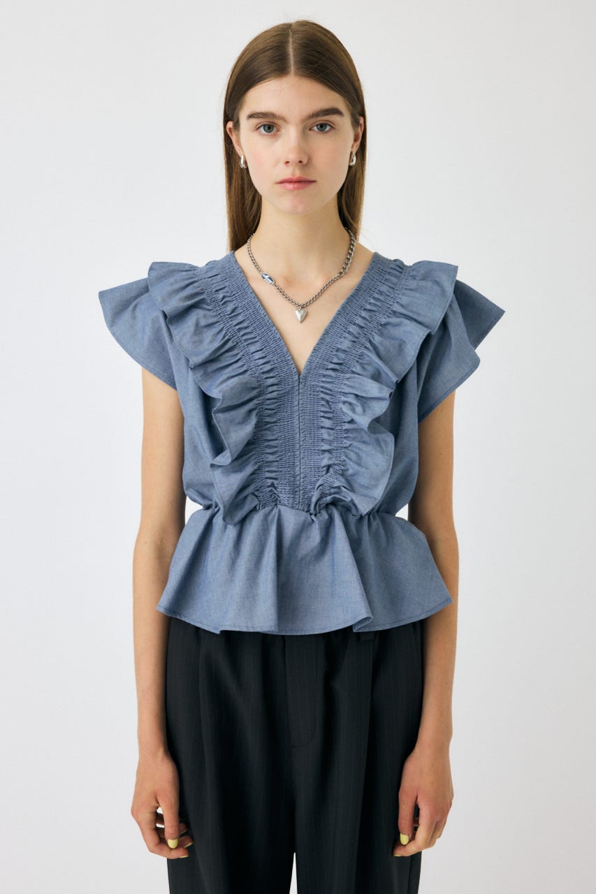 SHIRRING RUFFLE PEPLUM トップス BLU FREE