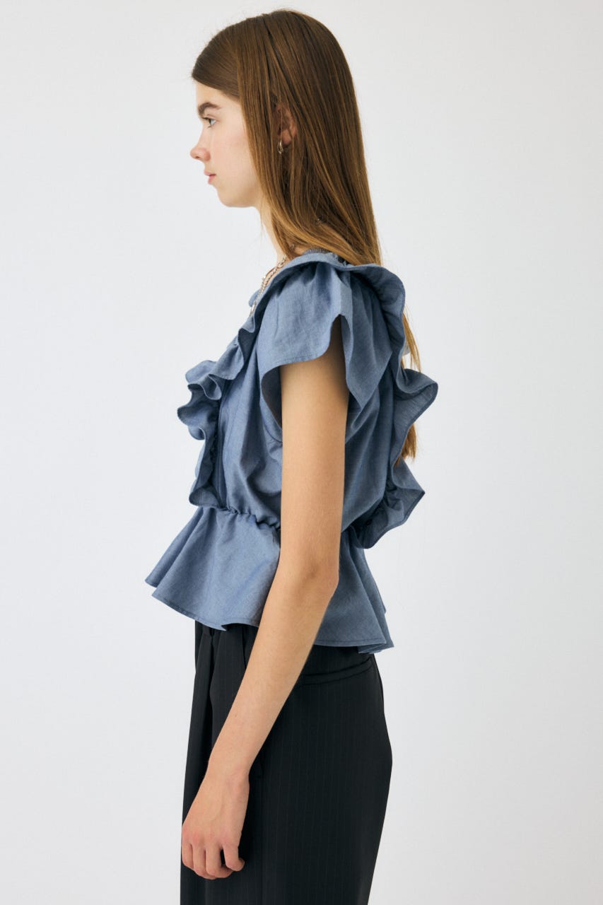 SHIRRING RUFFLE PEPLUM トップス BLU FREE