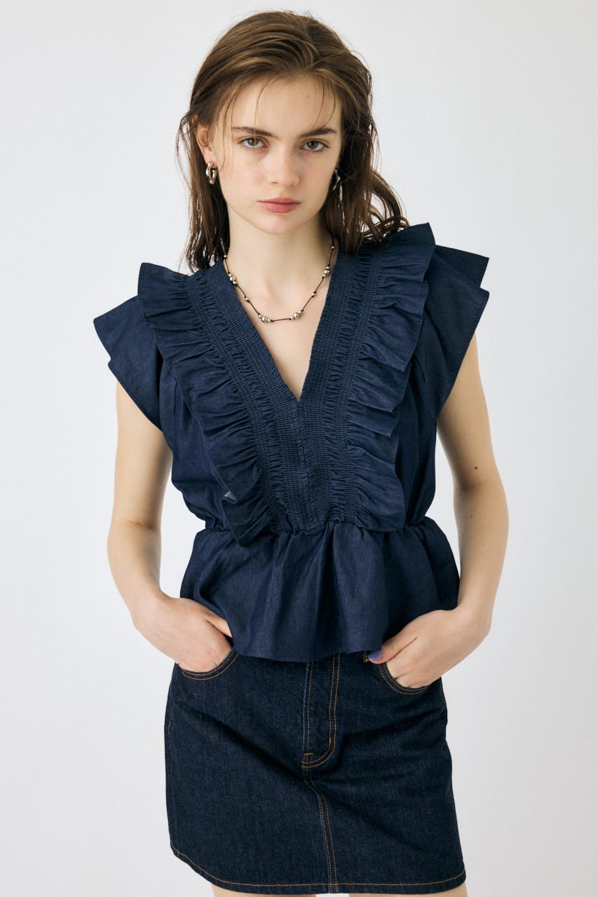 SHIRRING RUFFLE PEPLUM トップス D/BLU FREE