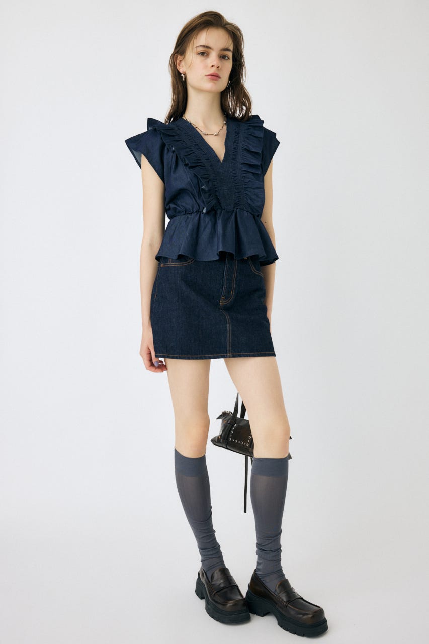 SHIRRING RUFFLE PEPLUM トップス D/BLU FREE