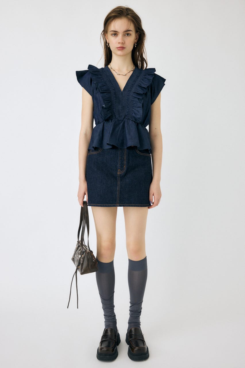 SHIRRING RUFFLE PEPLUM トップス D/BLU FREE