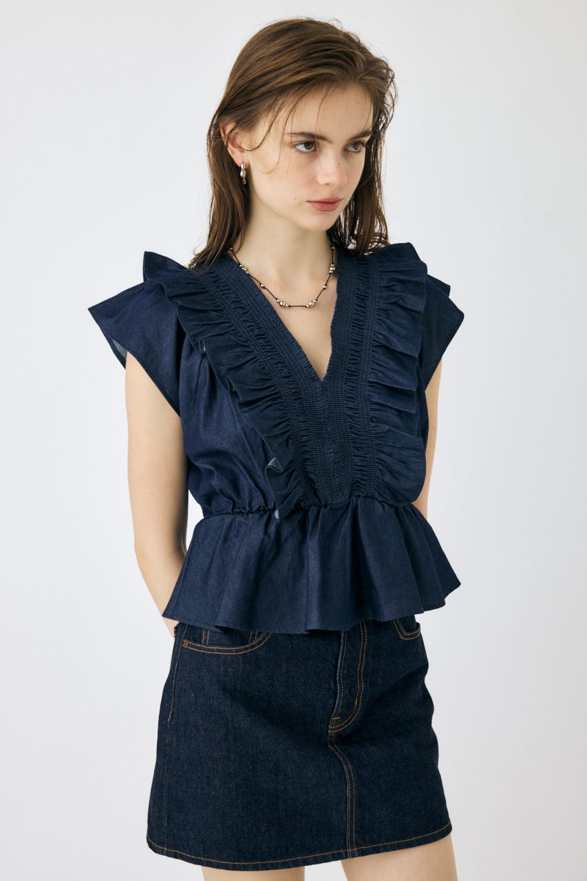 SHIRRING RUFFLE PEPLUM トップス D/BLU FREE