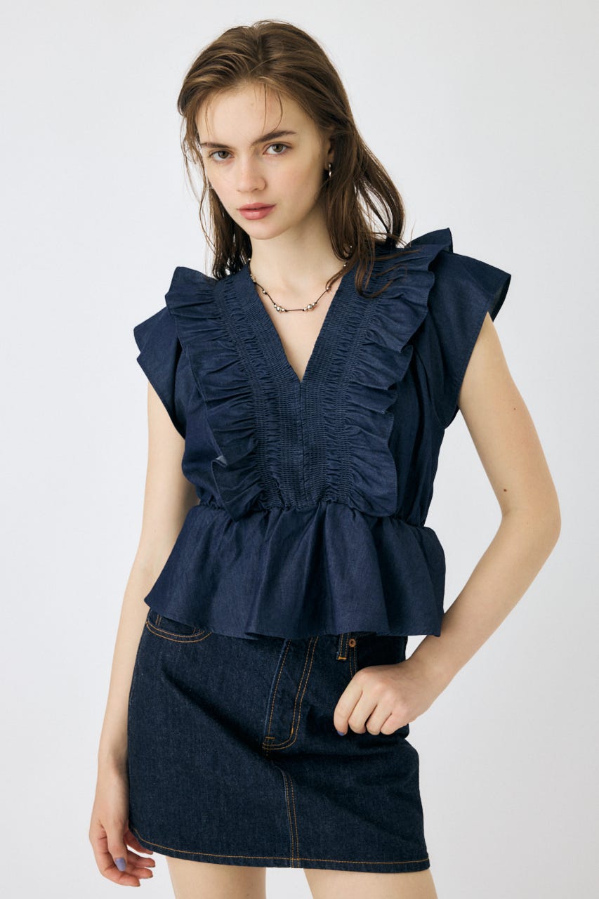 SHIRRING RUFFLE PEPLUM トップス D/BLU FREE
