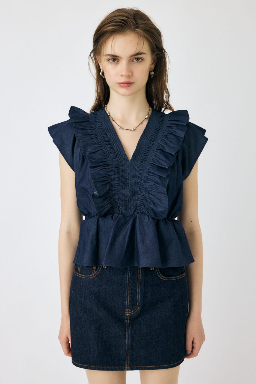 SHIRRING RUFFLE PEPLUM トップス D/BLU FREE