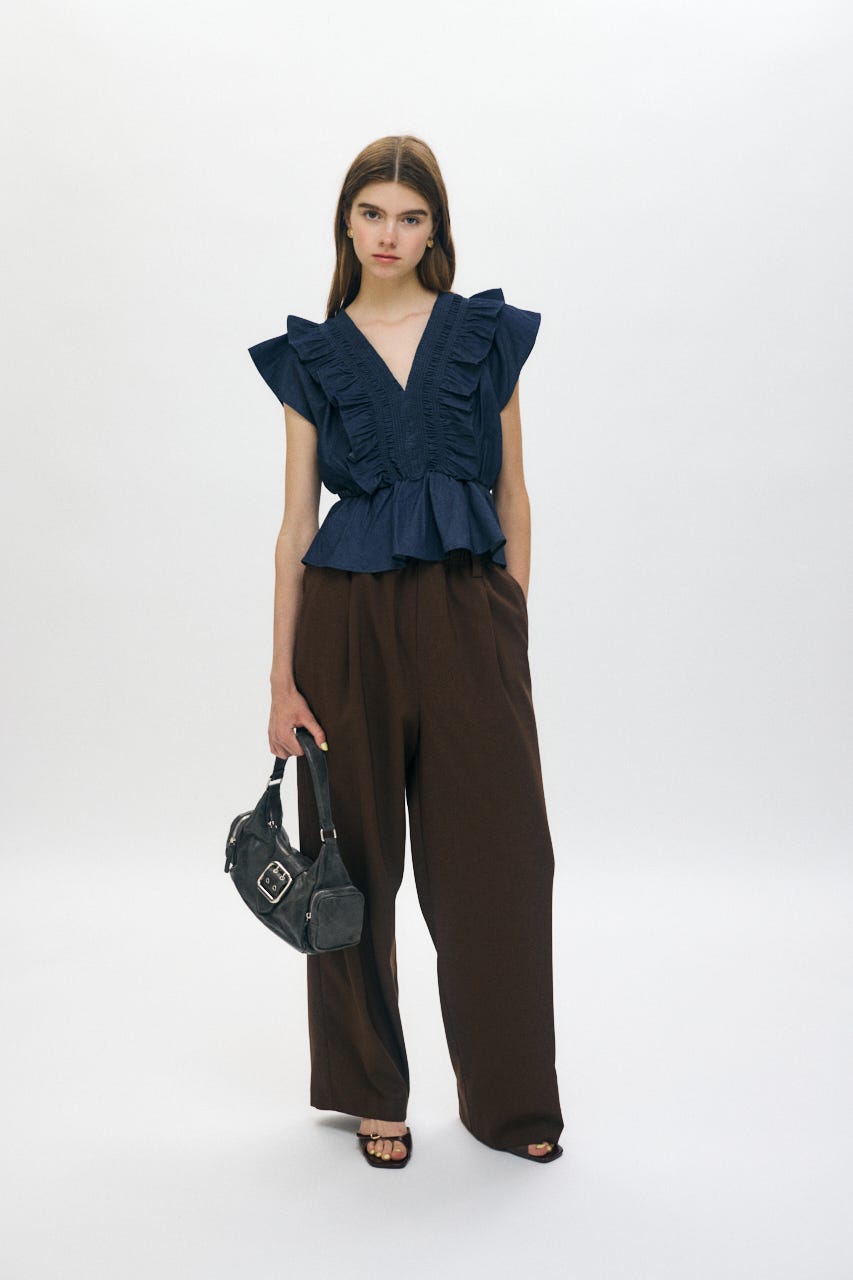 SHIRRING RUFFLE PEPLUM トップス D/BLU FREE