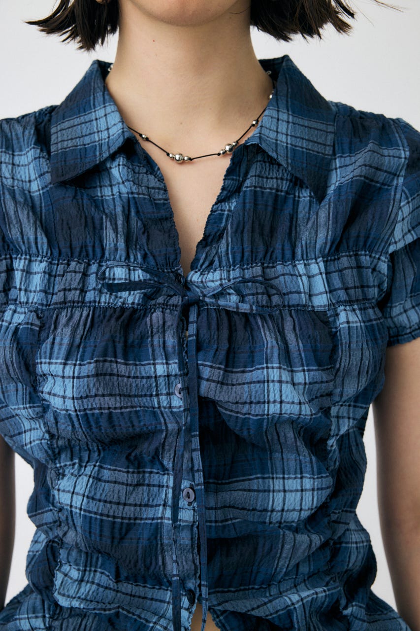 SHIRRING RIBBON シャツ 柄BLU FREE