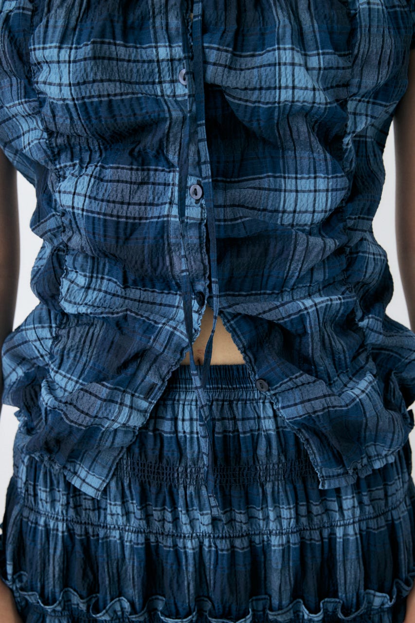 SHIRRING RIBBON シャツ 柄BLU FREE