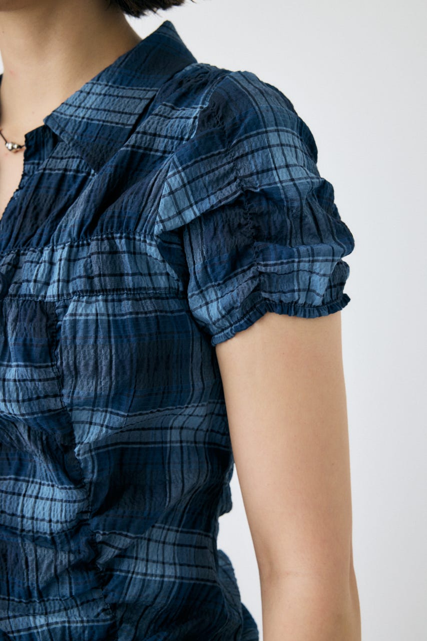 SHIRRING RIBBON シャツ 柄BLU FREE