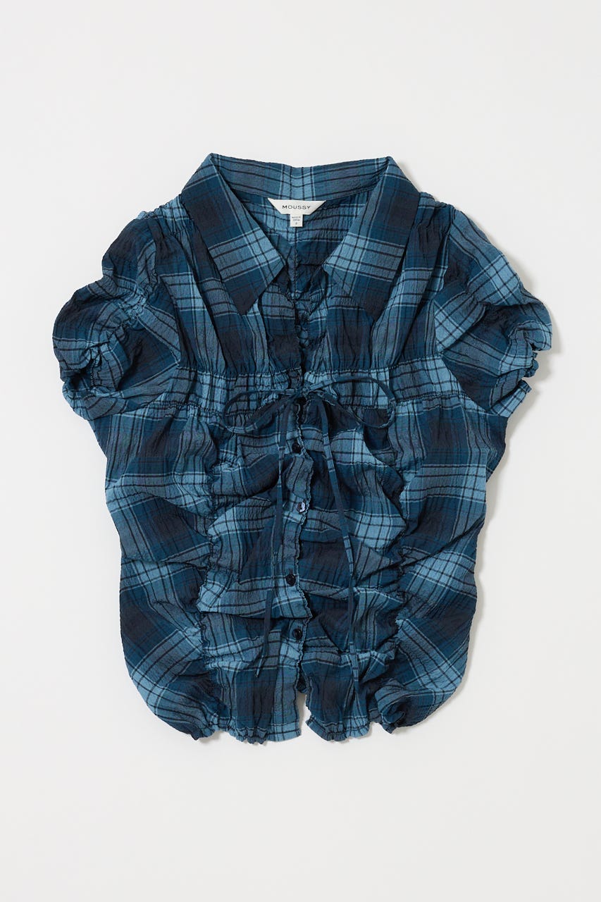 SHIRRING RIBBON シャツ 柄BLU FREE