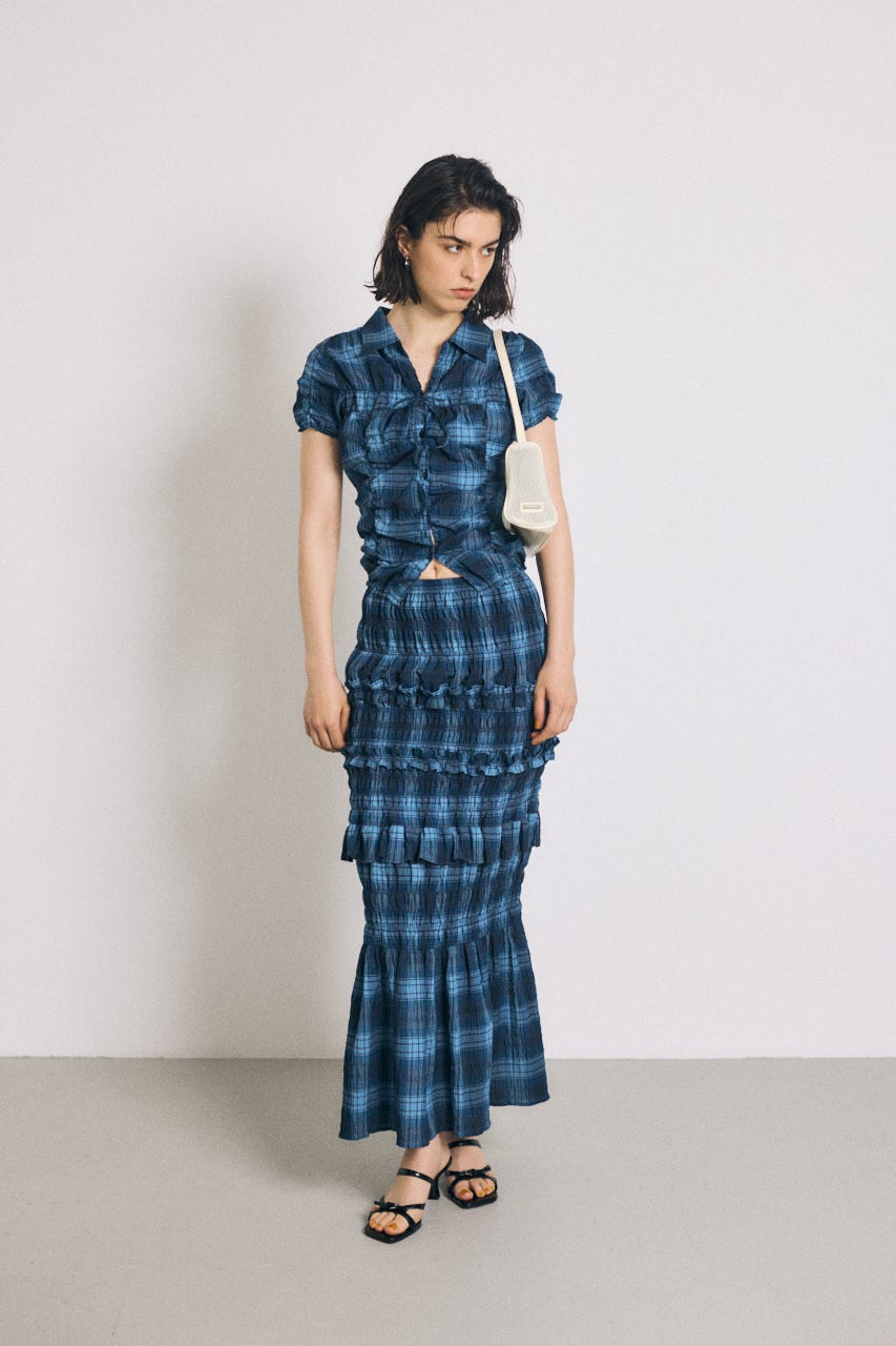 SHIRRING RIBBON シャツ 柄BLU FREE