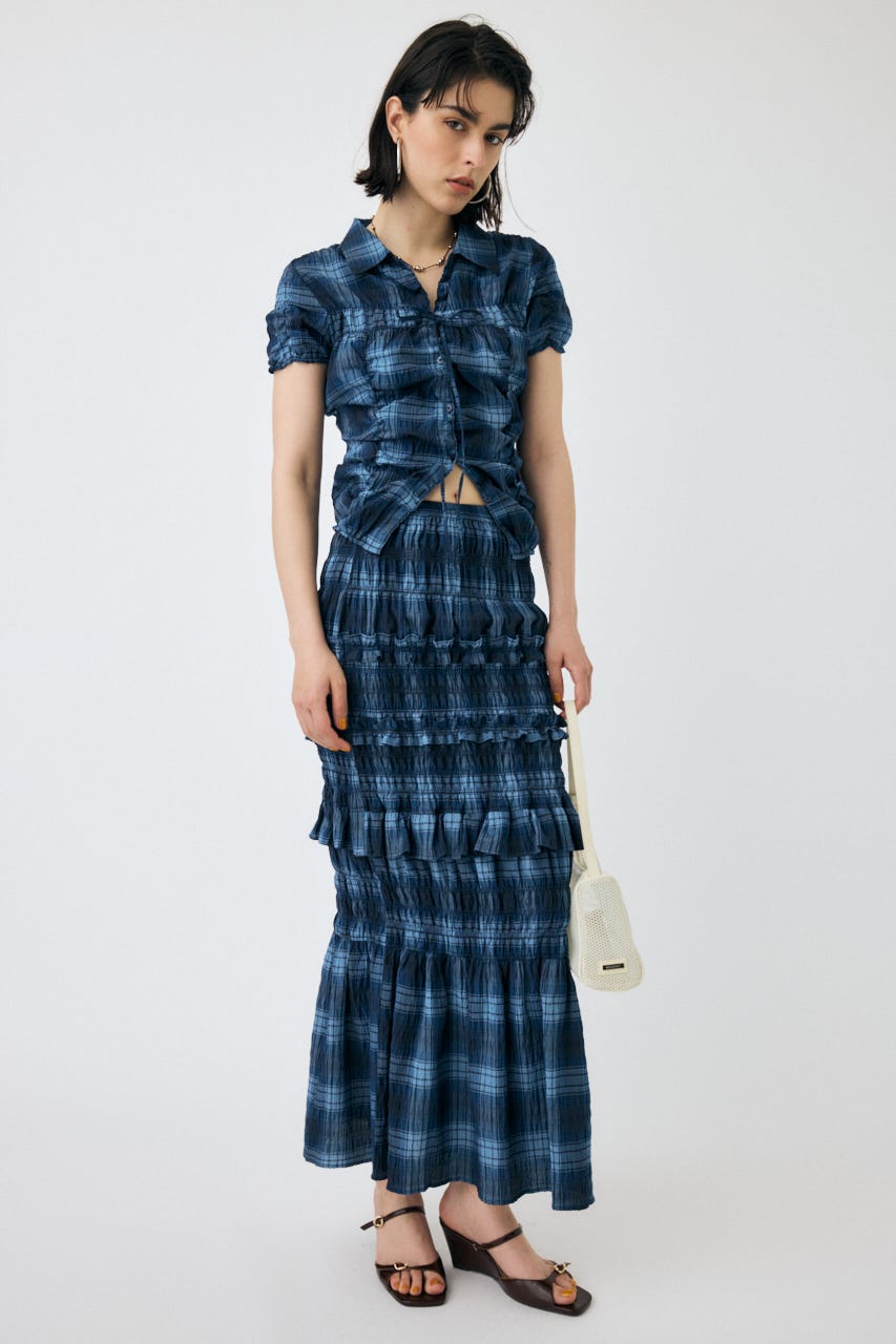 SHIRRING RIBBON シャツ 柄BLU FREE