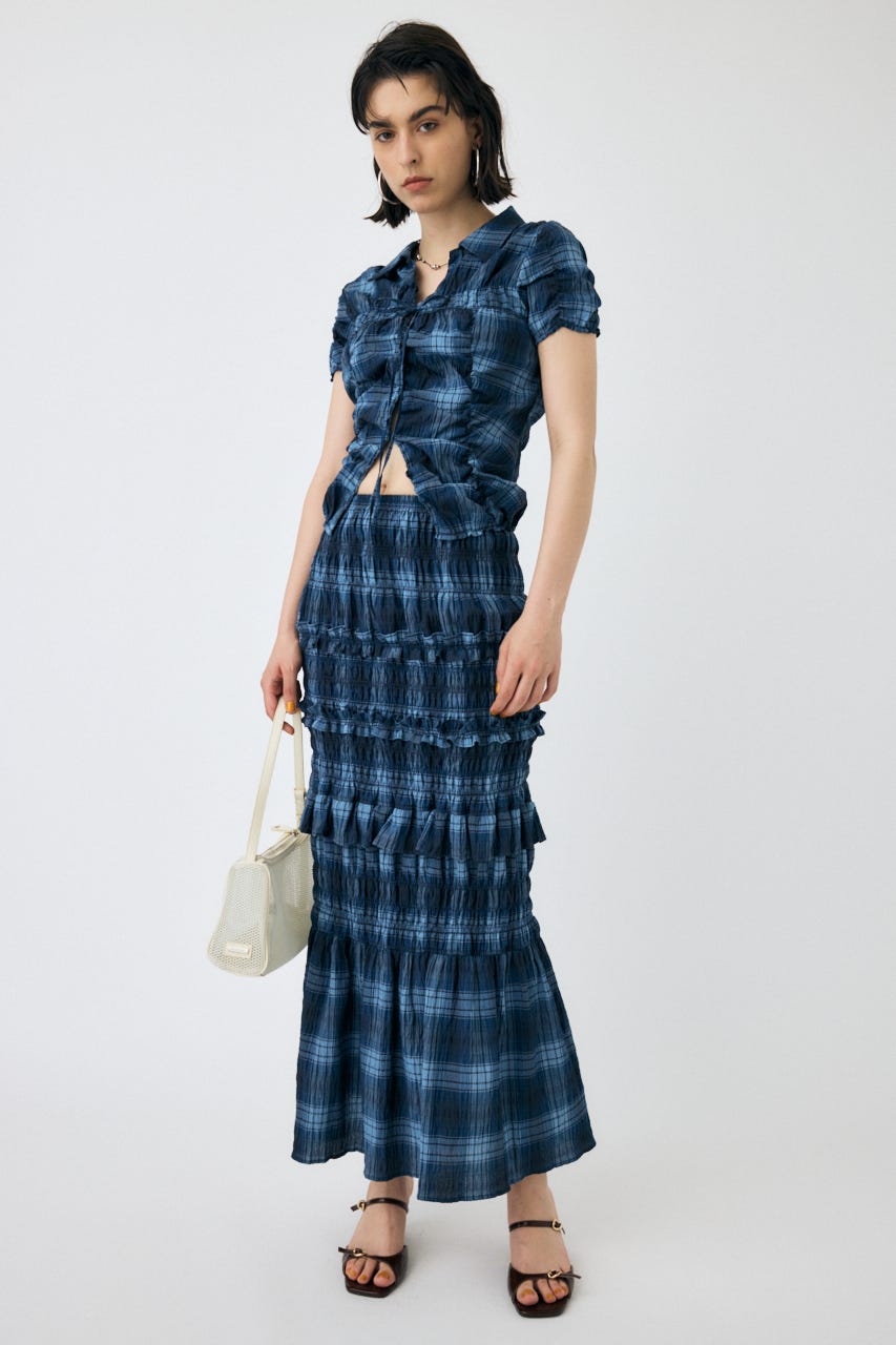 SHIRRING RIBBON シャツ 柄BLU FREE