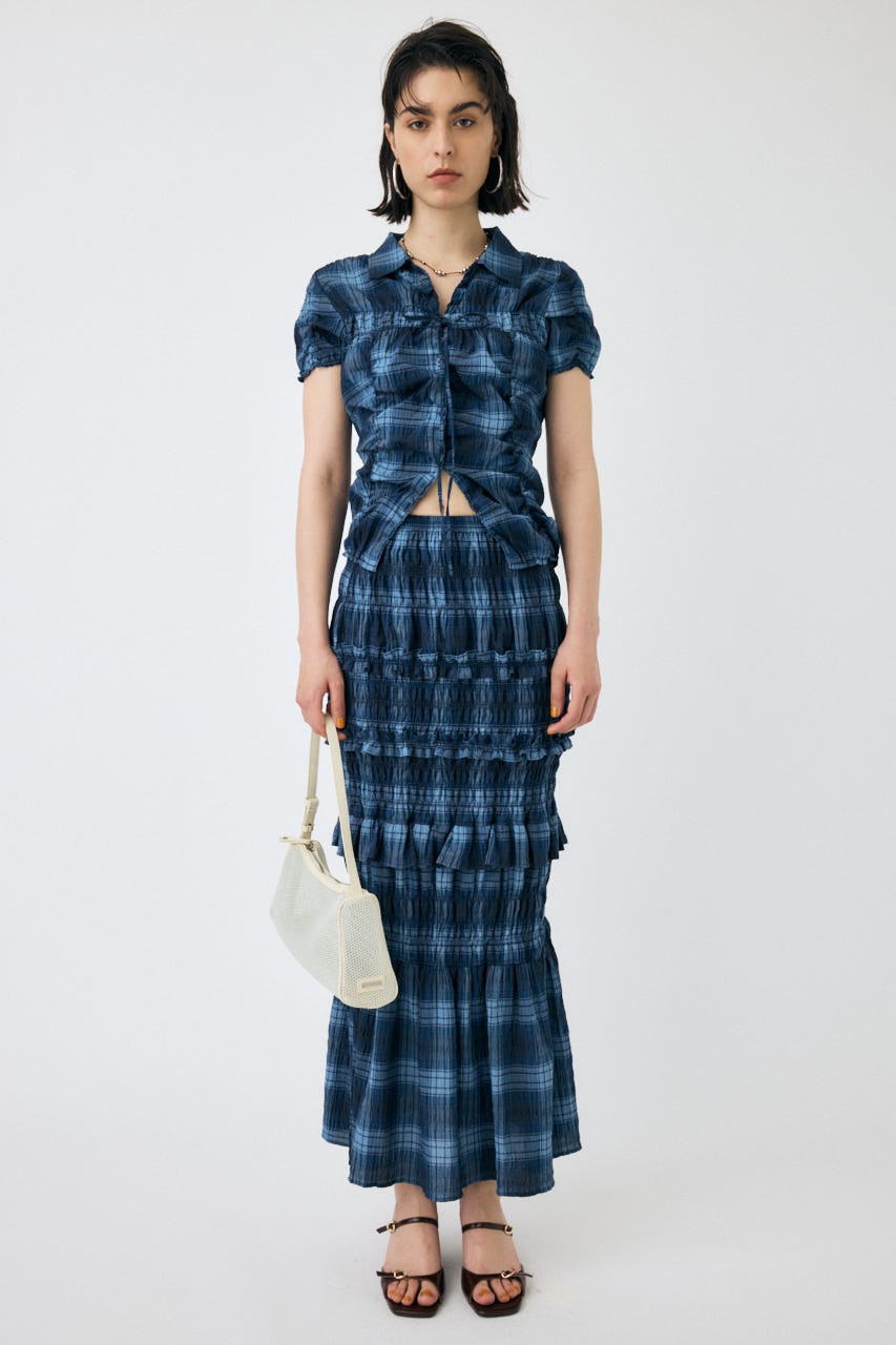 SHIRRING RIBBON シャツ 柄BLU FREE