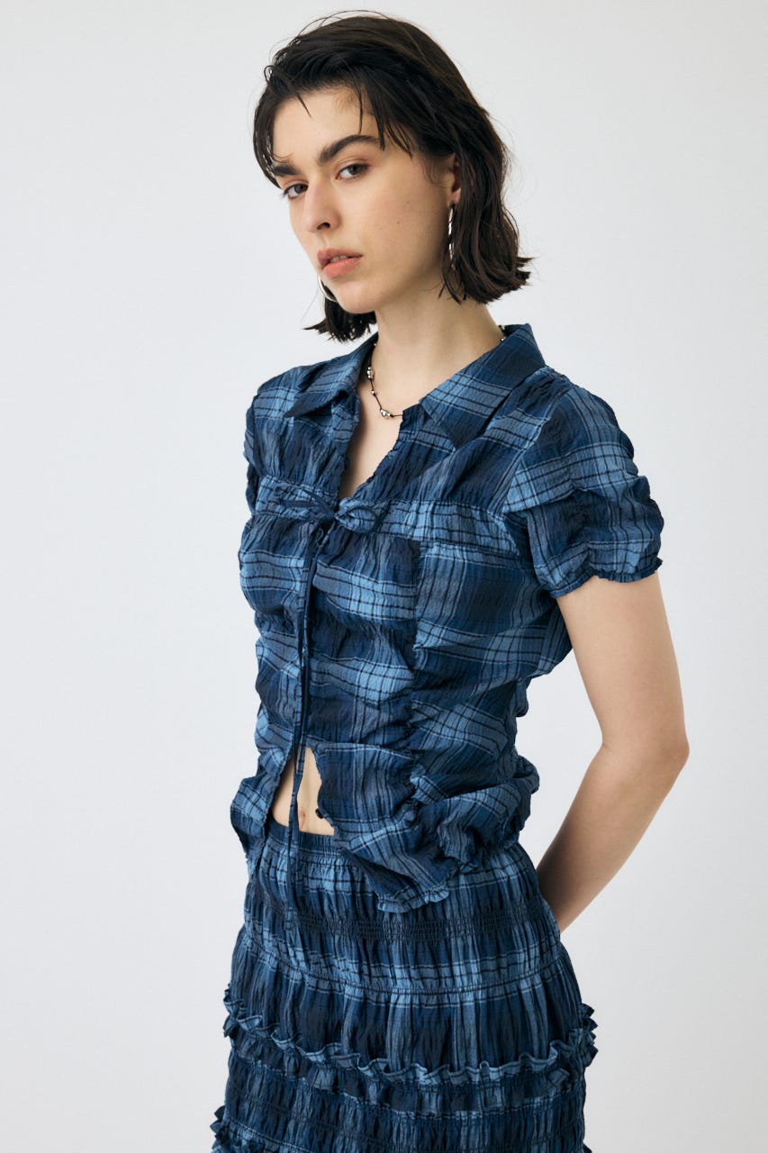 SHIRRING RIBBON シャツ 柄BLU FREE