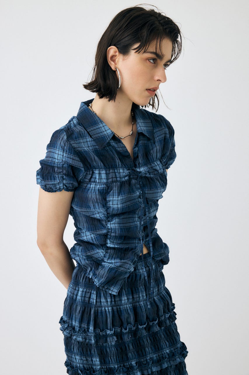 SHIRRING RIBBON シャツ 柄BLU FREE