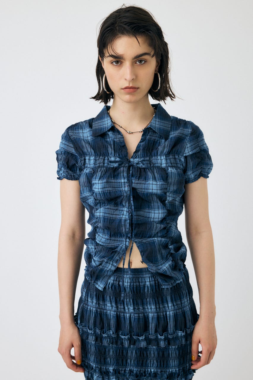 SHIRRING RIBBON シャツ 柄BLU FREE