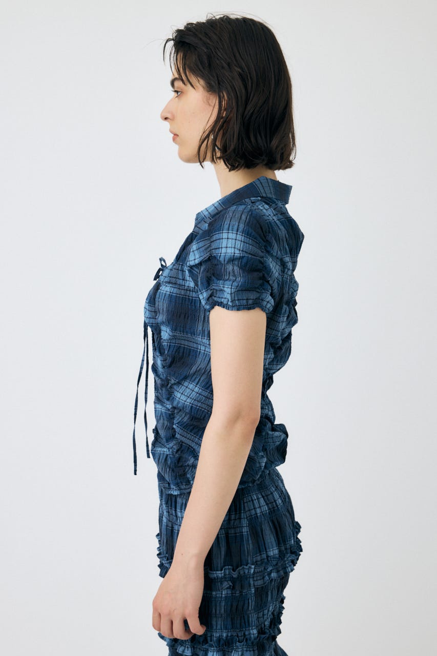 SHIRRING RIBBON シャツ 柄BLU FREE