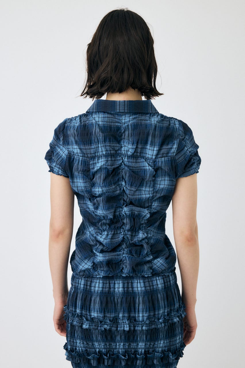 SHIRRING RIBBON シャツ 柄BLU FREE