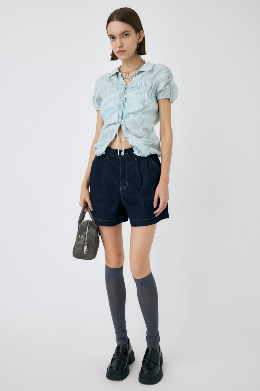 SHIRRING RIBBON シャツ L/BLU FREE