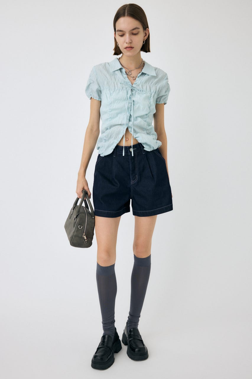 SHIRRING RIBBON シャツ L/BLU FREE