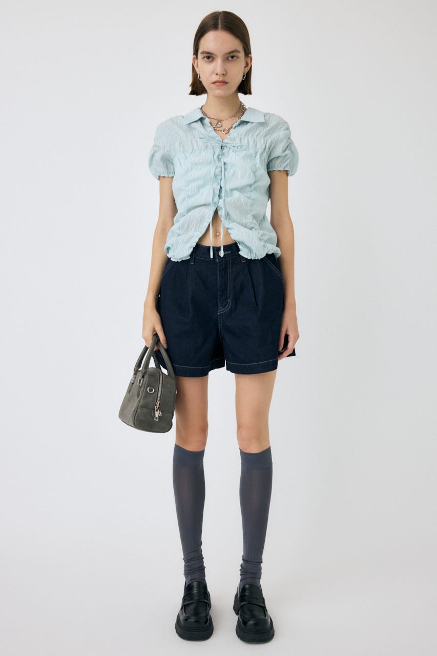 SHIRRING RIBBON シャツ L/BLU FREE