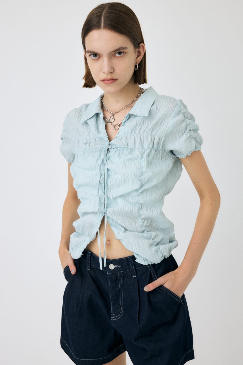 SHIRRING RIBBON シャツ L/BLU FREE