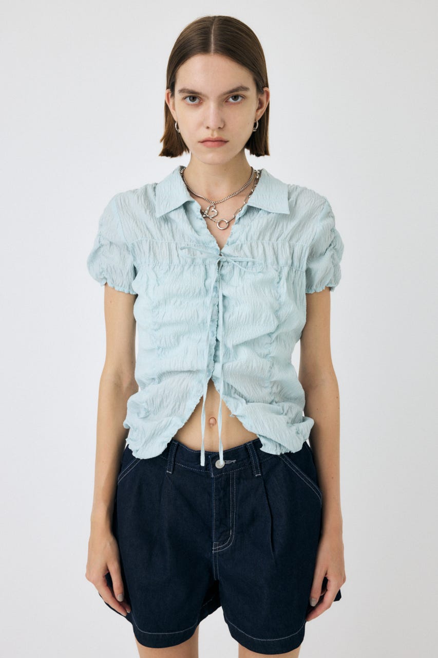 SHIRRING RIBBON シャツ L/BLU FREE