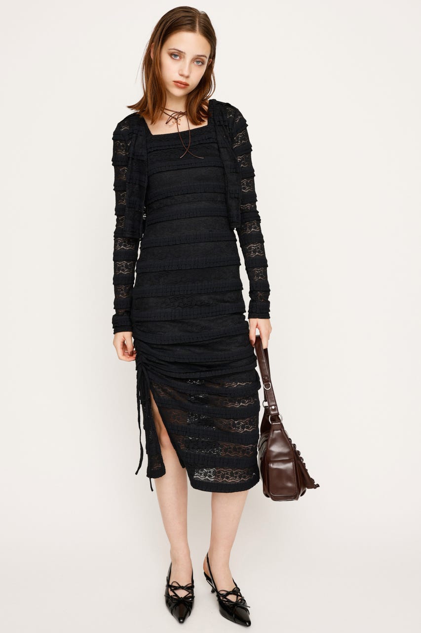 SinceThenラブリー モノカラー リボン スリム ロングワンピース AMBIDEX Store △woolmood 2way onepiece(F クロ): l'atelier du