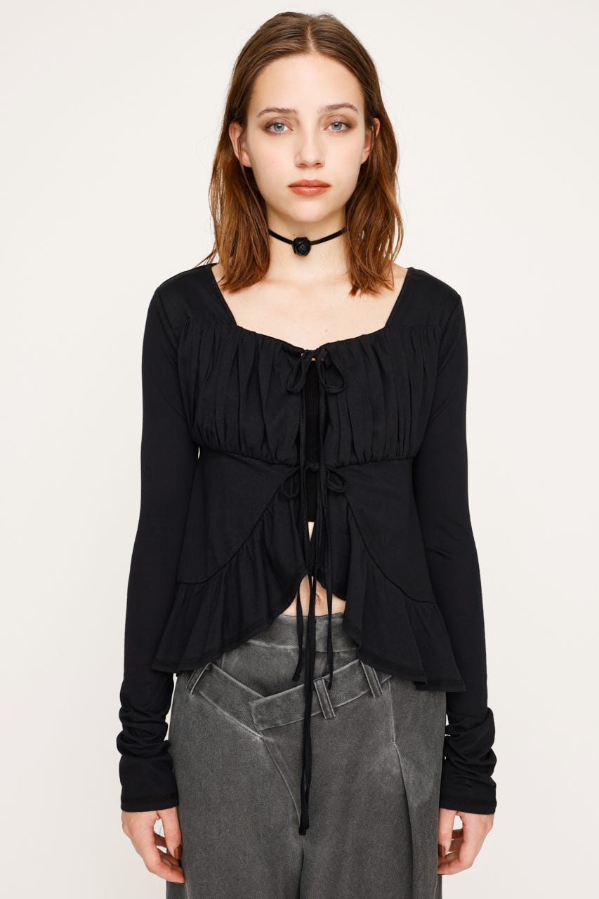 トップス Meer. Square neck shirring blouse /BRN QINSEN Women's Square Neck Short Sleeve Double-Layer Tops