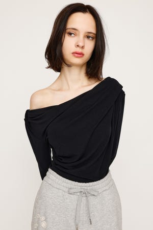 wear salsation オフショルダー トップス 黒 ジップアップオフショルサイドラインTシャツ ／ zipup off