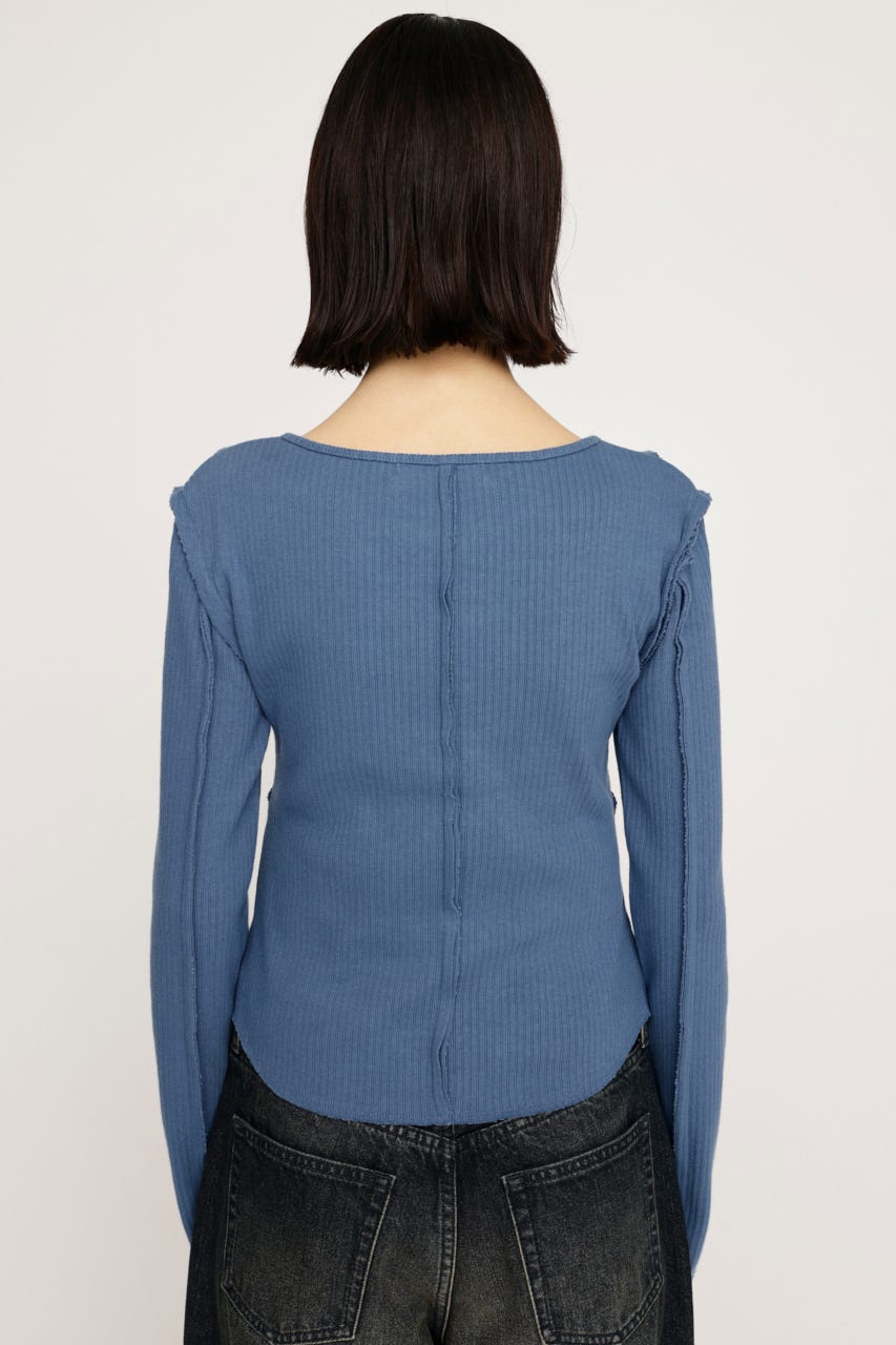 PLEATSPLEASE　濃紺　ノーカラー・長袖・トップス 透け感 シアーニット トップス レディース 長袖 クルーネック